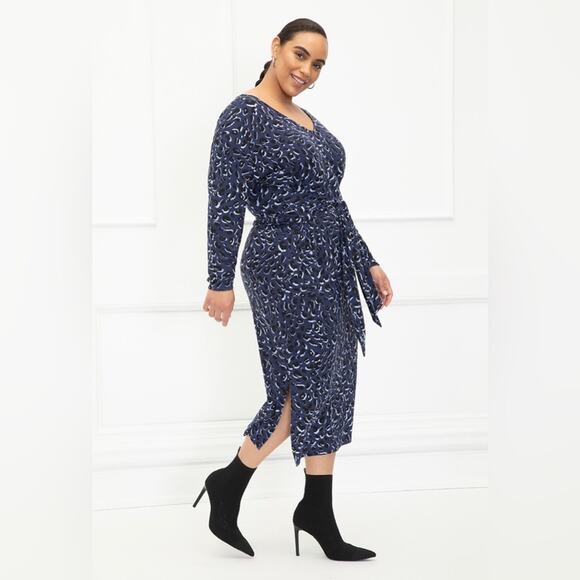 NWT Eloquii Leopard Midi Dress with Side Slits Long Sleeve Blue - Picture 1 of 9